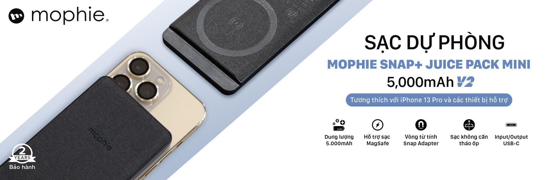 Sạc dự phòng Mophie Snap Plus+ 5,000mAh - Hàng chính hãng - Hỗ trợ Magsafe cho Iphone